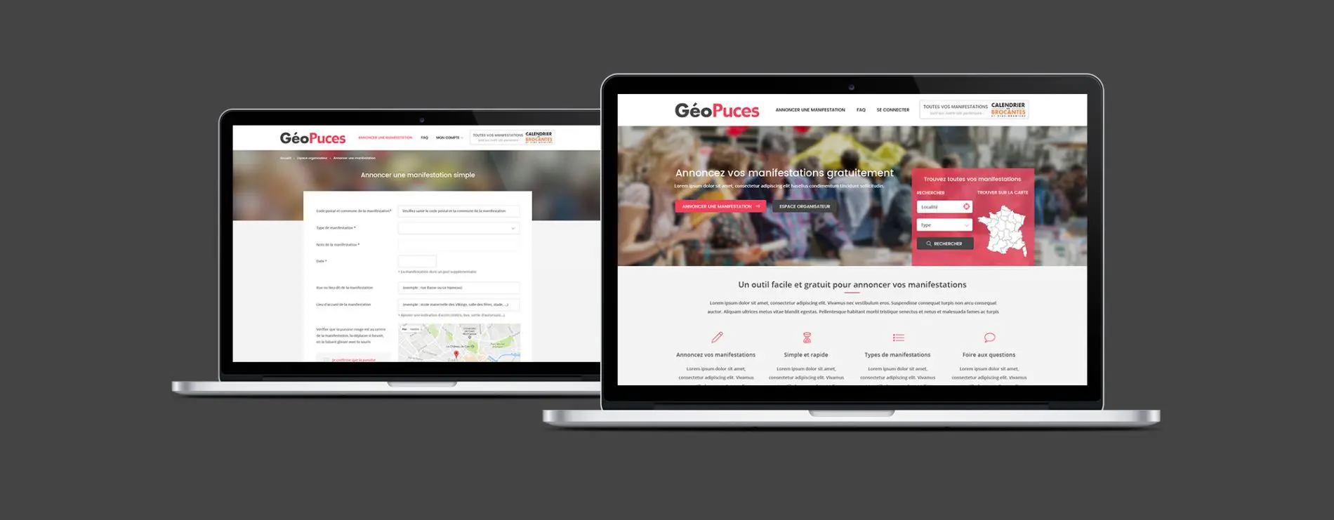 Refonte du site internet Geopuce, plateforme à destination des organisateurs de manifestations, créé en 20017