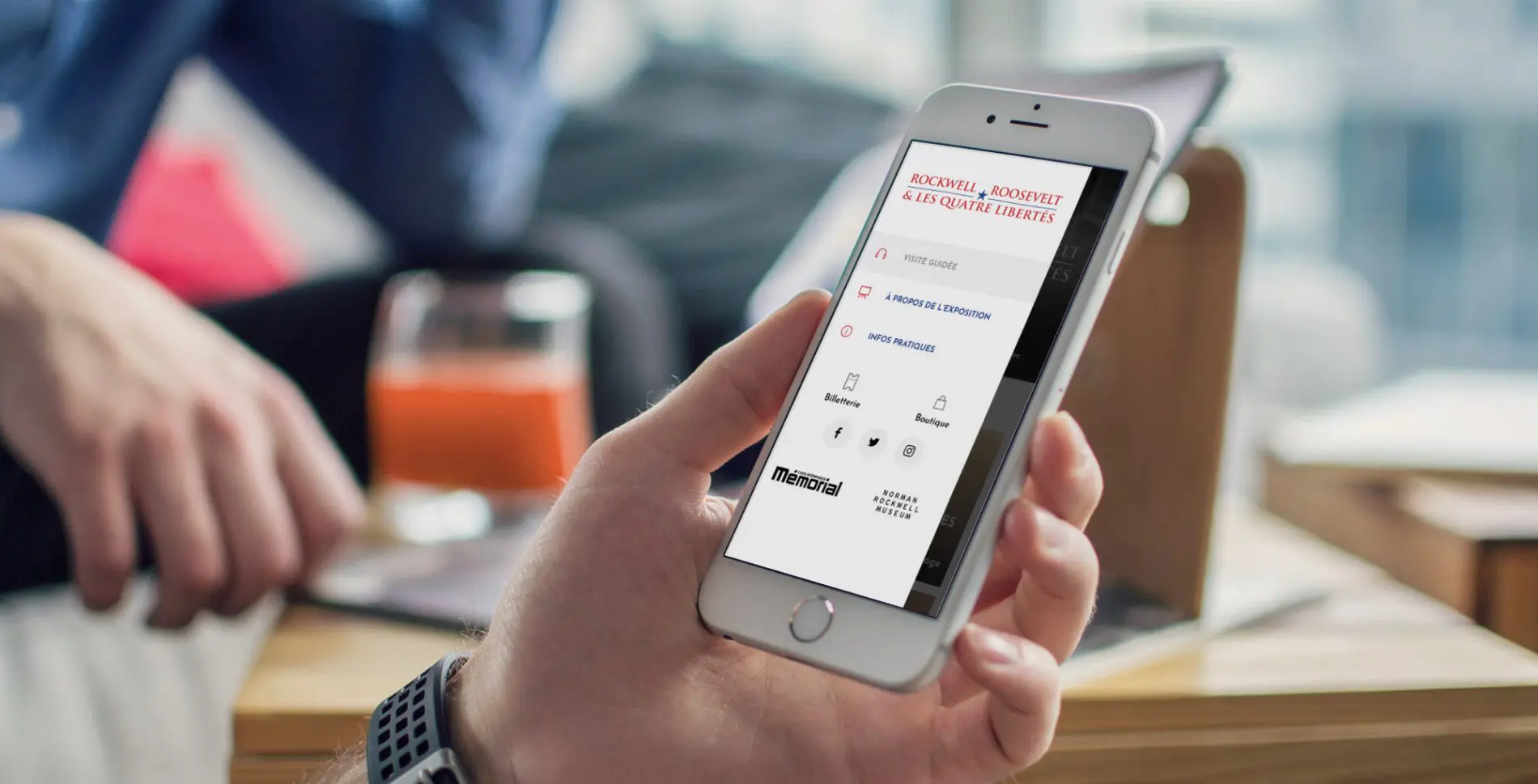 Interface et navigation sur l'application mobile de l'exposition Norman Rockwell, audio guide et visite guidée