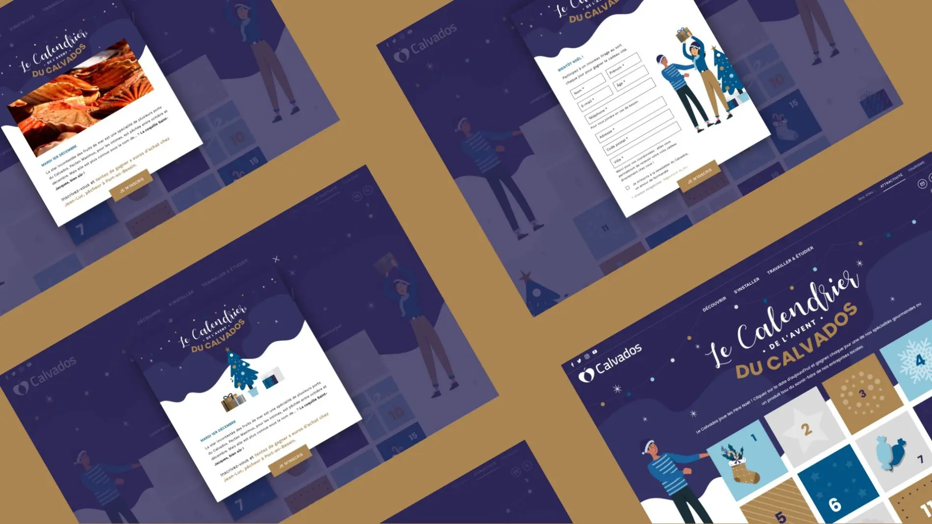 ensemble d'écrans présentant les différentes actions et popup sur le calendrier de l'avent développé en 2020 par l'agence Highfive pour Calvados attractivité.