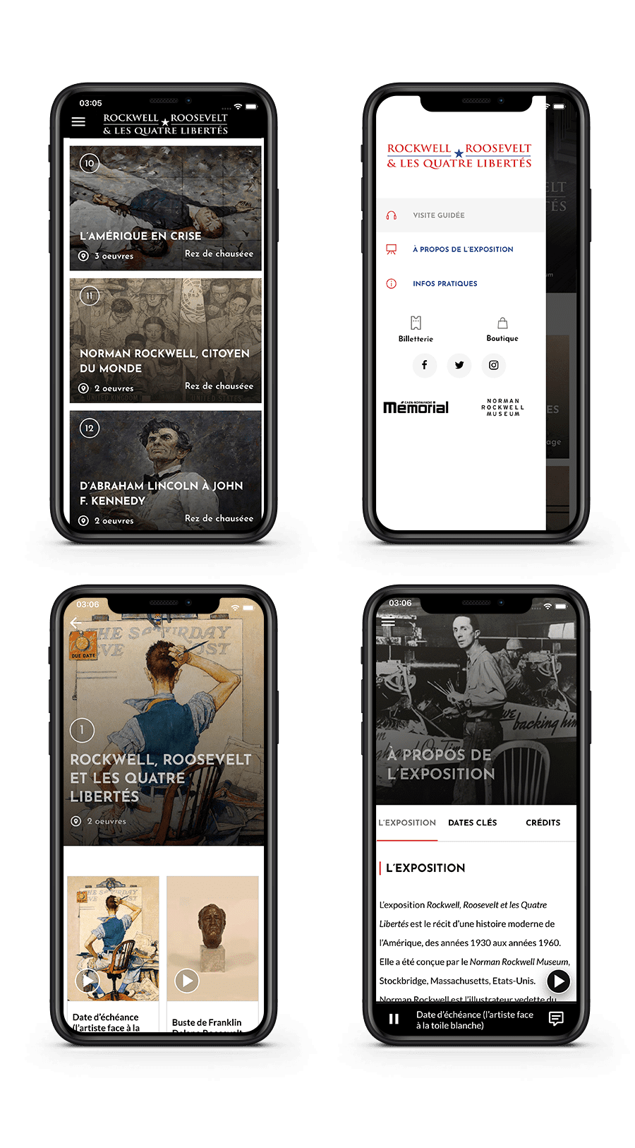 Ensemble d'écrans présentant l'application mobile de l'exposition Norman Rockwell lors du 75 eme anniversaire du débarquement en Normandie