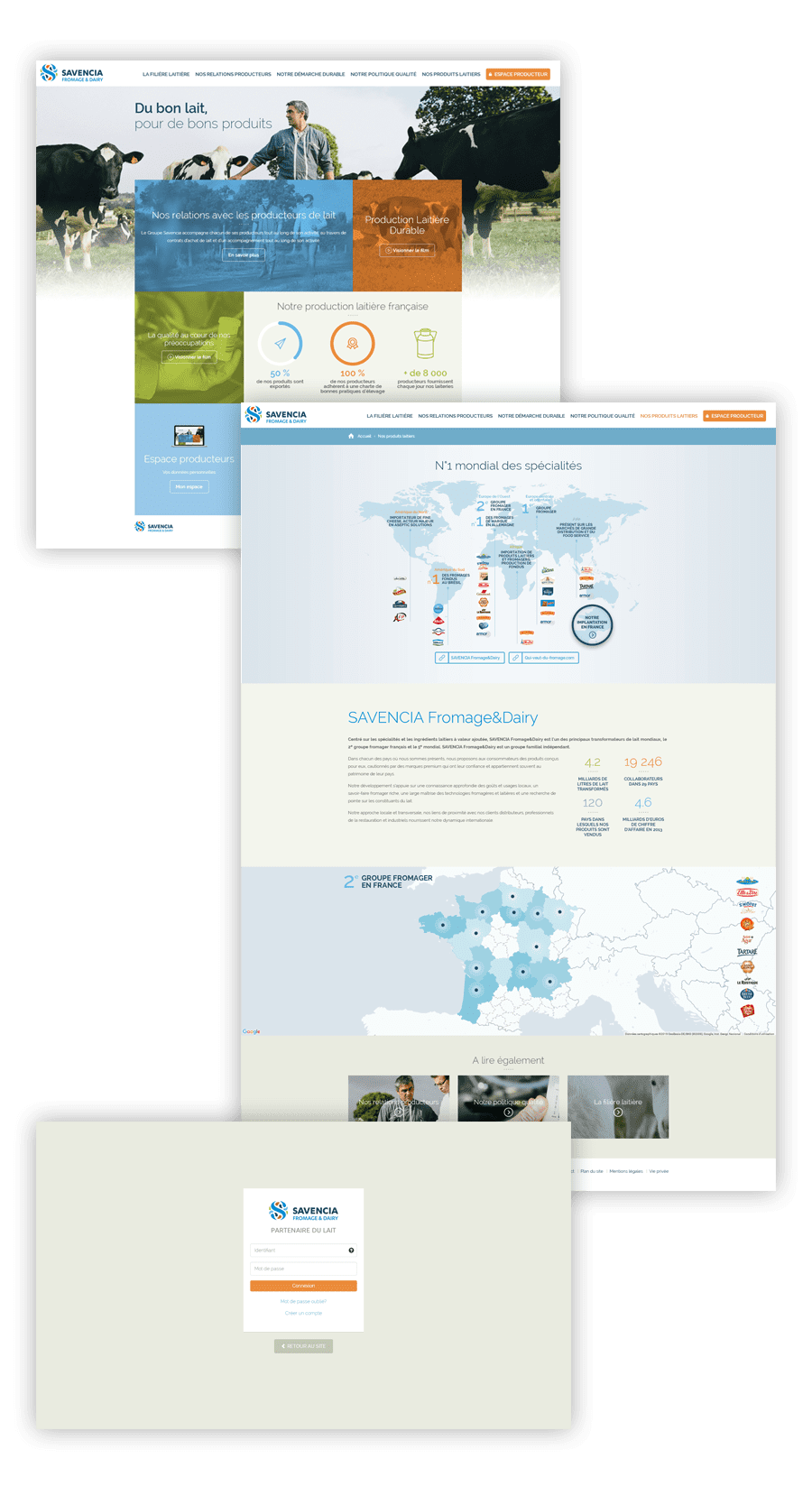 Présentation d'une sélection d'écrans sur le site terrois de lait pour le groupe Savencia, un site créé en 2016 par l'agence Highfive