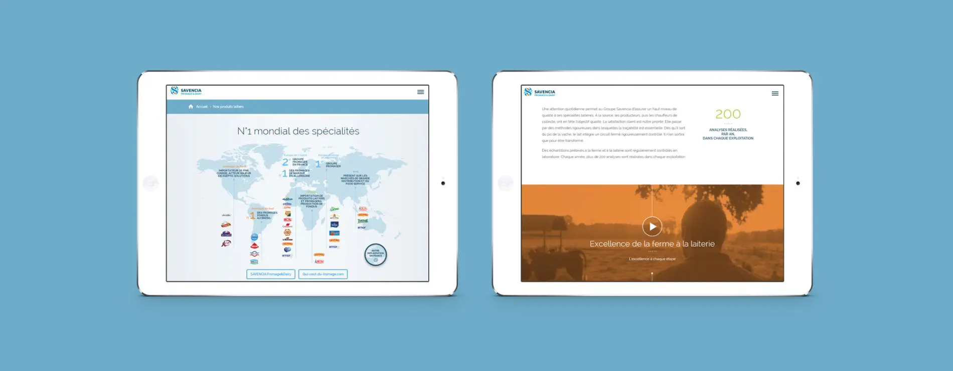 Mise en situation du site Terroirs de lait sur support tablette, un site internet créé en 2016 pour Savencia.